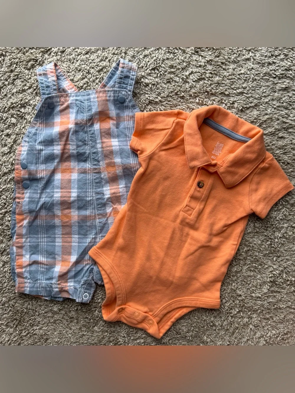 Carter’s Baby Boy 6M Plaid Shortall Romper + Orange Polo Onesie Outfit